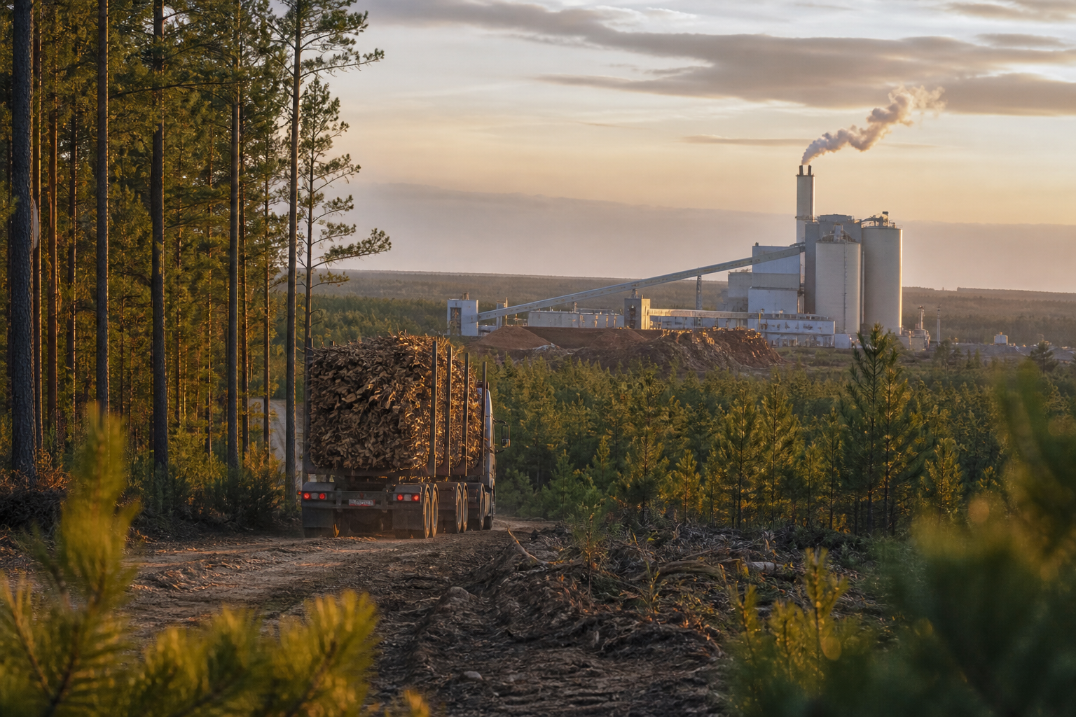 Forest residues moving through a sustainable bioenergy supply chain toward an industrial facility