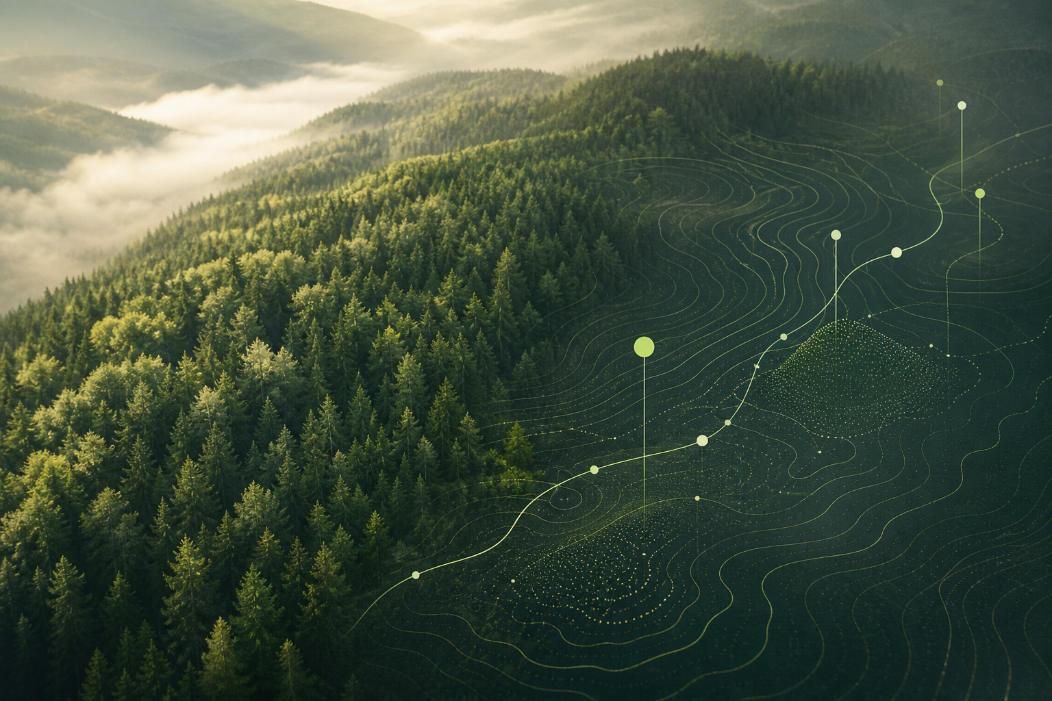 A forest landscape overlaid with contour lines and carbon analysis points
