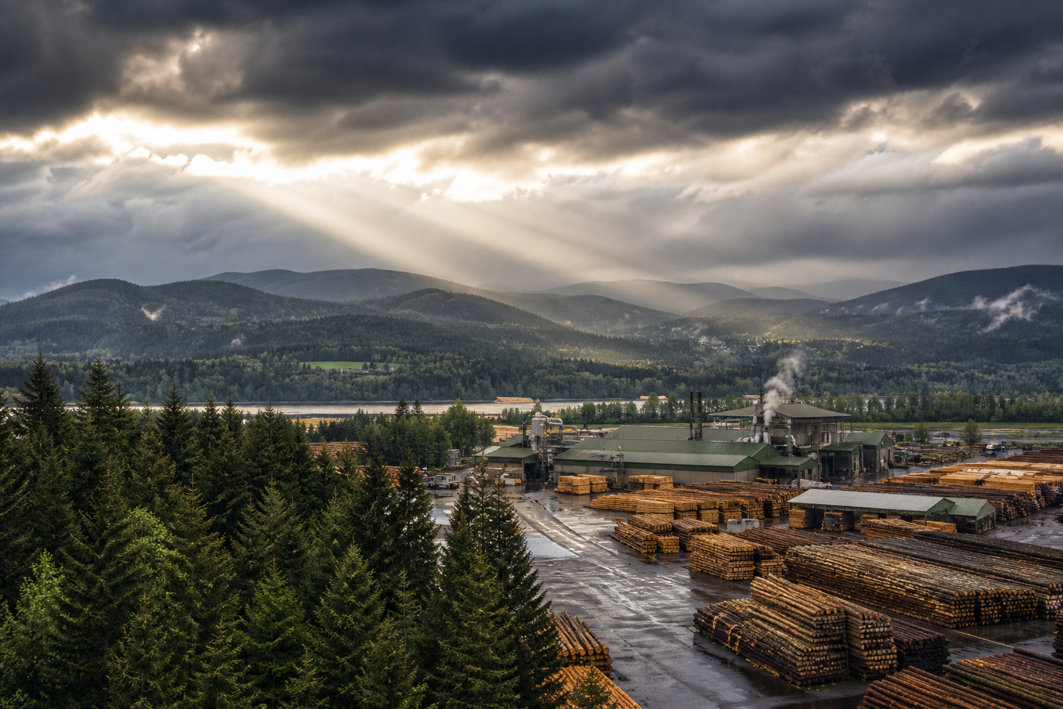 Wood products facility and timber storage yard beside a forest under changing weather