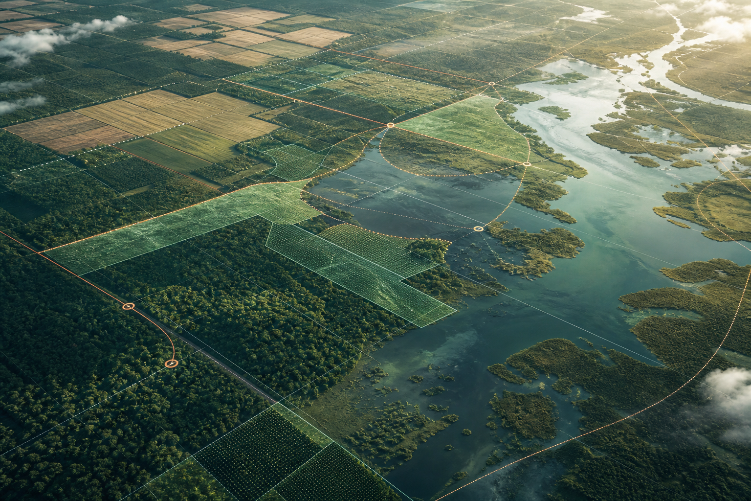 Aerial mixed landscape with forests, wetlands, fields, and spatial prioritization overlays