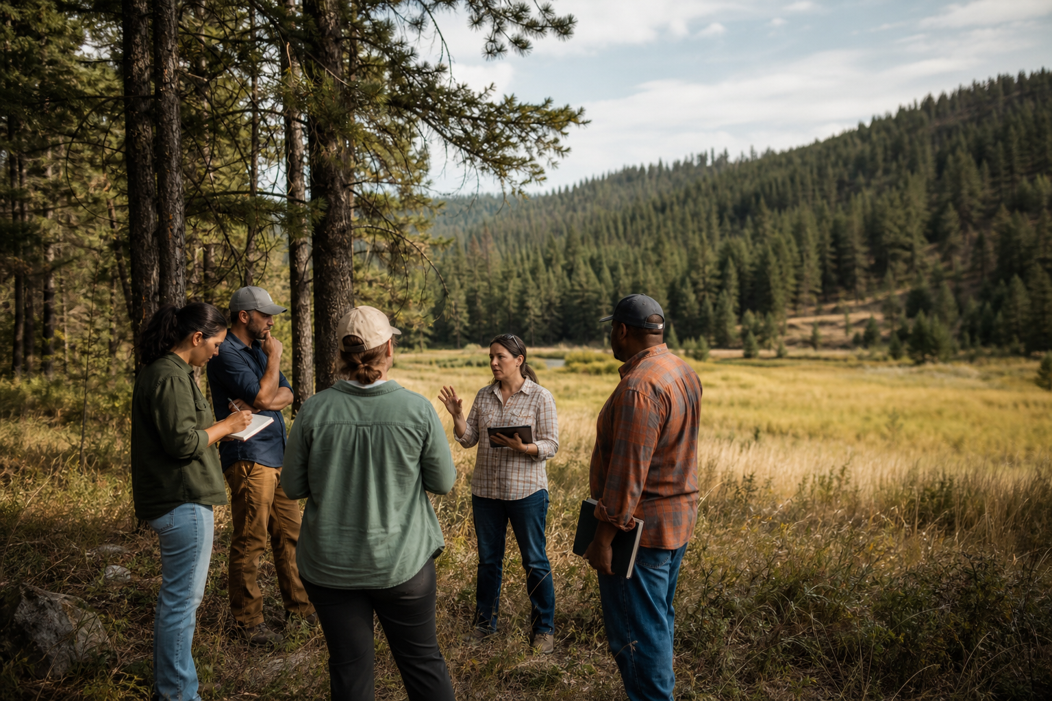 A diverse group discussing forest management and community priorities at a forest edge