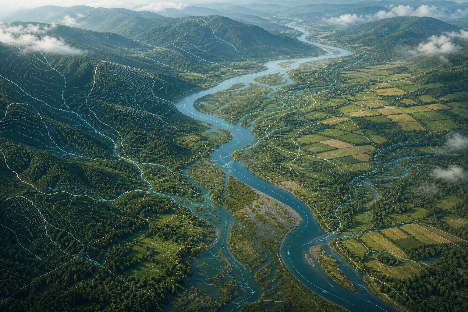River basin, forests, wetlands, and fields with watershed analysis overlays